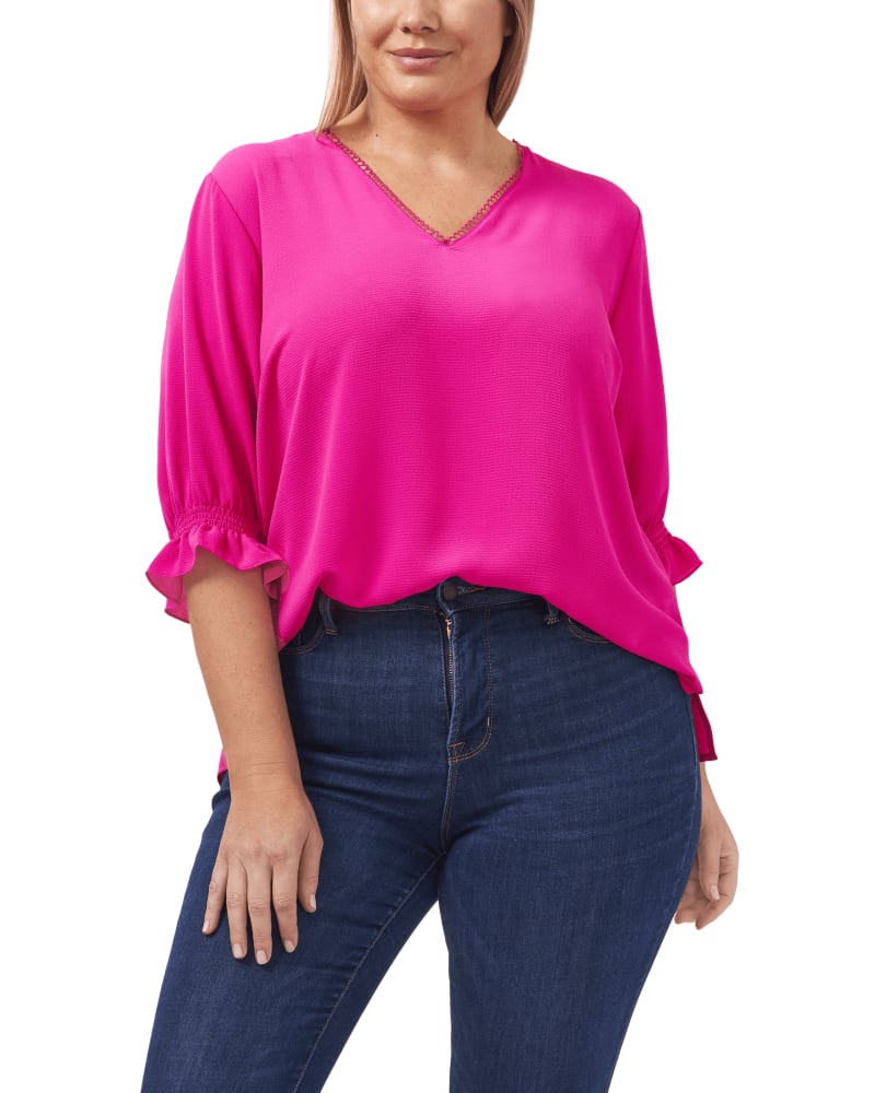 Front of a model wearing a size 1X Lorie Ruffle-Sleeve Blouse in 608-BRIGHT ROSE by CeCe. | dia_product_style_image_id:263423